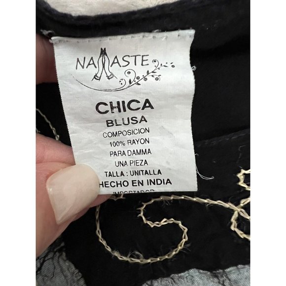 Namaste Embroidered Black Boho Popover Blouse Hippie Art to wear one size - Picture 7 of 9